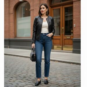 GUESS Black Genuine Leather Zip Front Jacket Moto Minimalist Size S